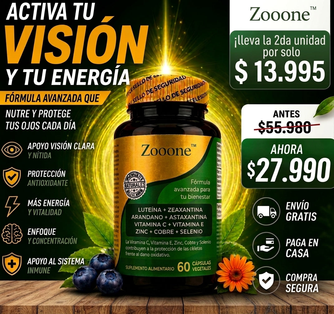 ZOOONE™ VISION PRO: SUPLEMENTO NATURAL PARA LA SALUD OCULAR - 60 CÁPSULAS / ¡LLEVA LA 2da UNIDAD CON UN 50% DCTO!